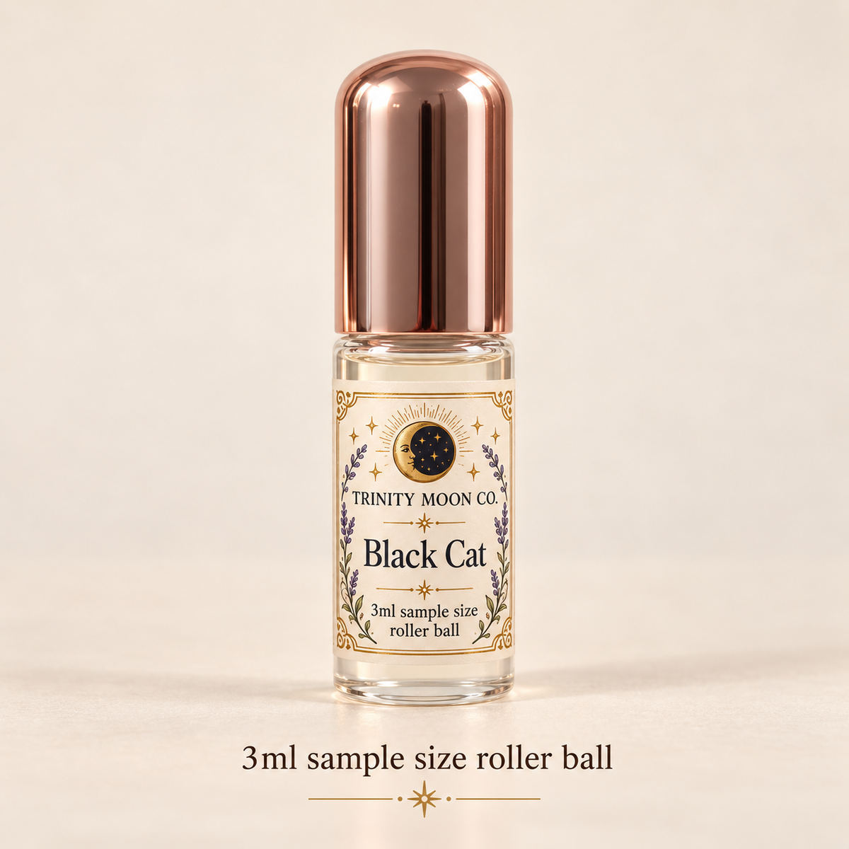 Black Cat — 3ml sample size roller ball, clear glass with rose gold cap