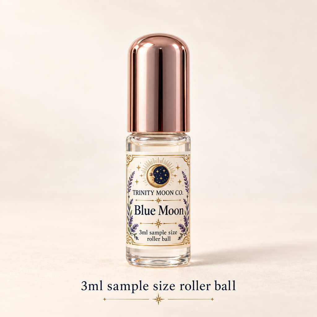 Blue Moon — 3ml sample size roller ball, clear glass with rose gold cap