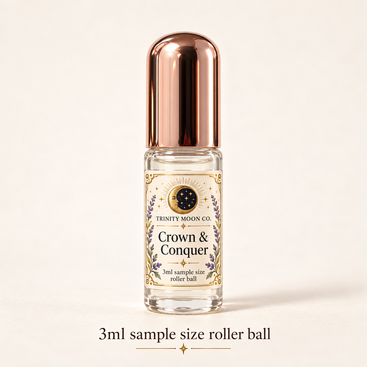 Crown & Conquer — 3ml sample size roller ball, clear glass with rose gold cap