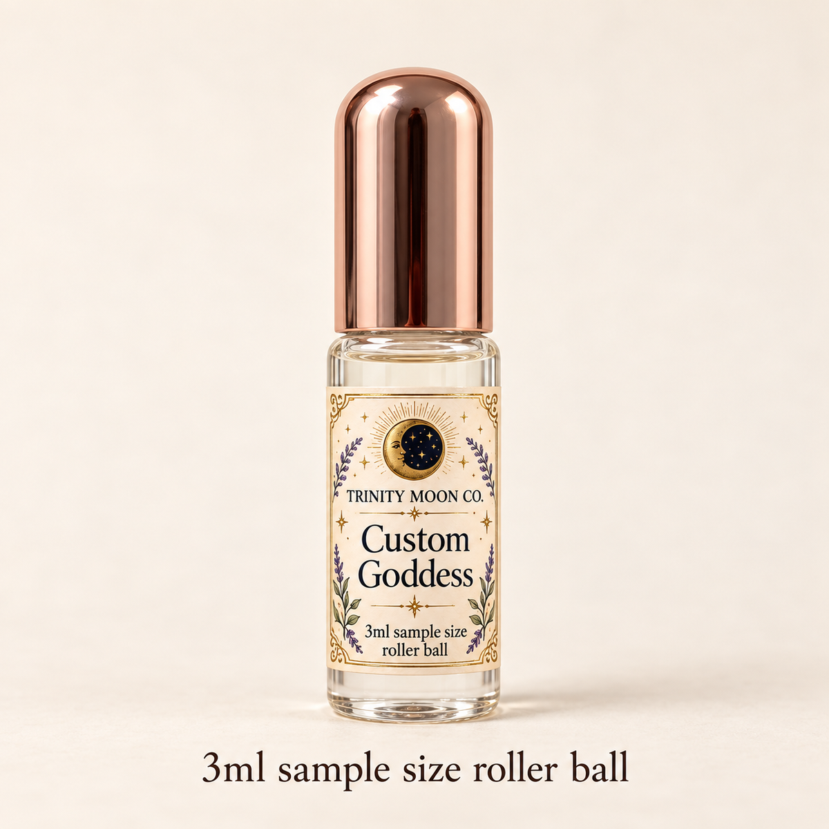 Custom Goddess — 3ml sample size roller ball, clear glass with rose gold cap