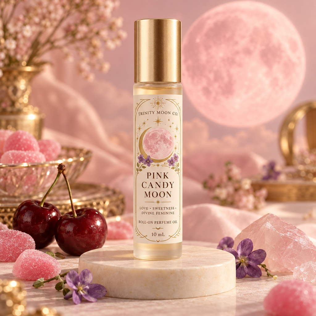 Pink Candy Moon 10 mL roll-on perfume oil packaging mockup, with a cream celestial label, pink moon, gold cap, cherries and violet flowers.