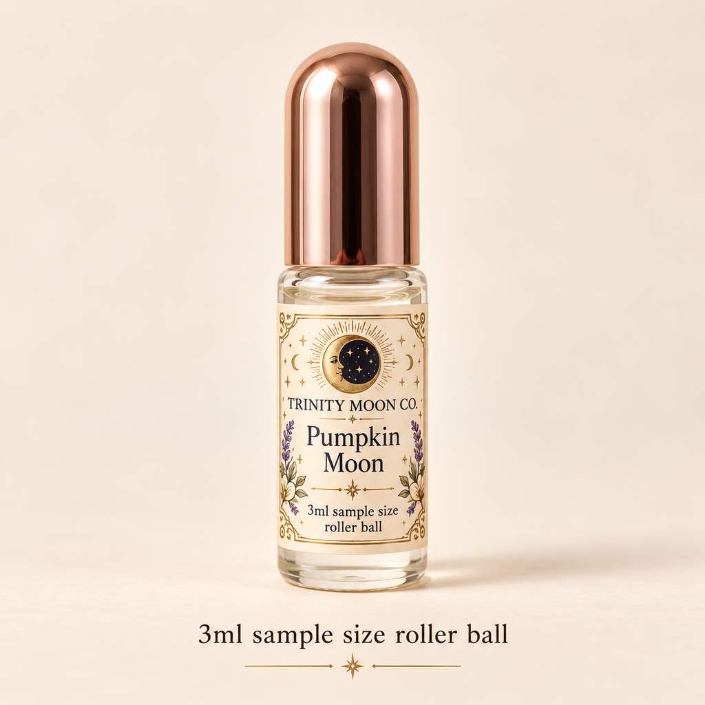Pumpkin Moon — 3ml sample size roller ball, clear glass with rose gold cap