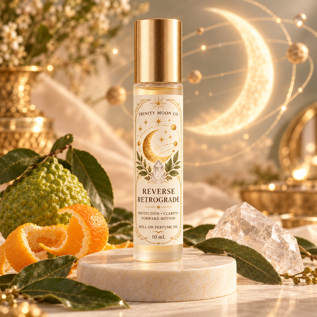 Reverse Retrograde by Trinity Moon Co., 10 mL roll-on packaging mockup with a cream celestial label and gold cap.