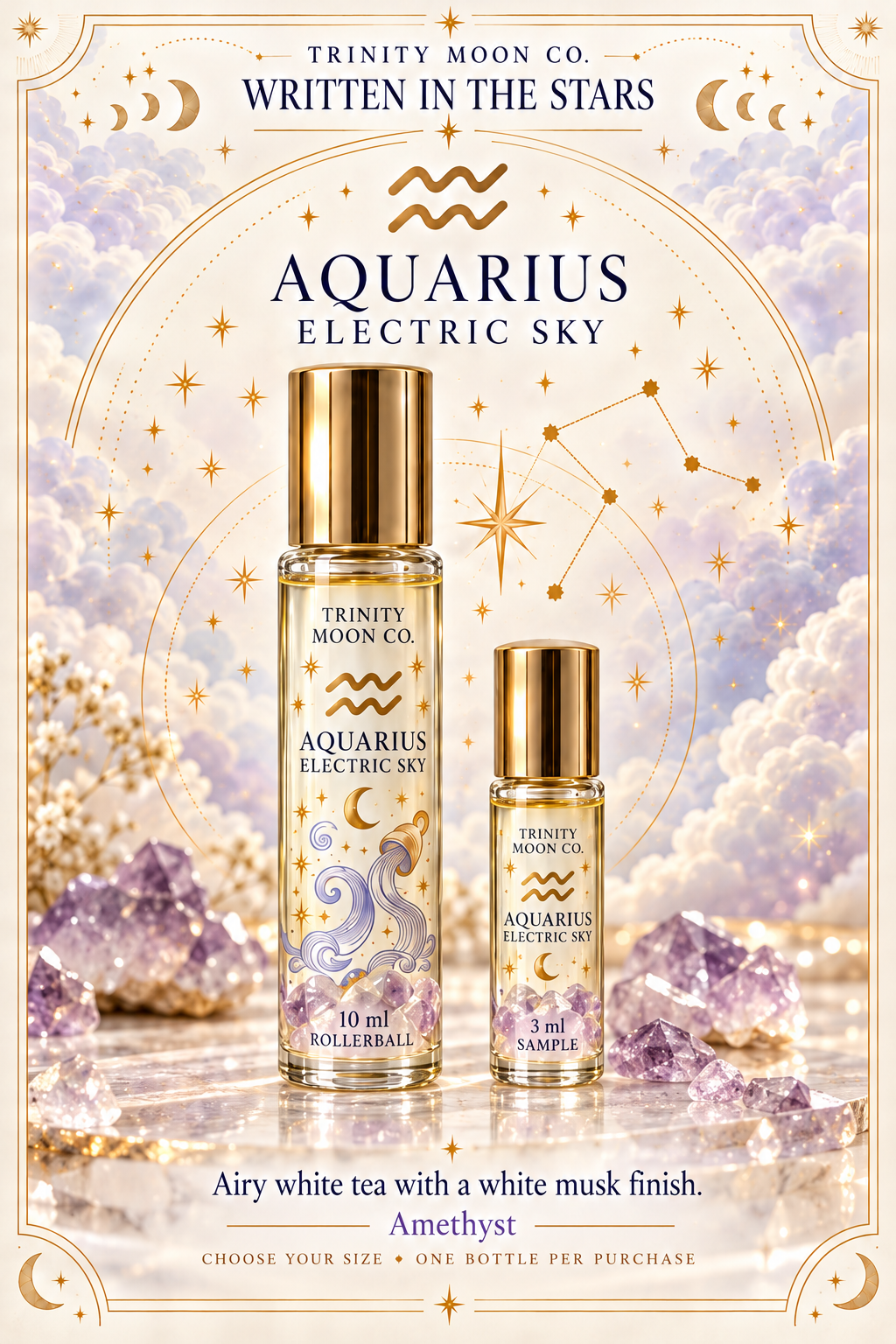 Aquarius — Electric Sky | Zodiac Perfume Oil — 10 ml and 3 ml size options; one bottle per purchase