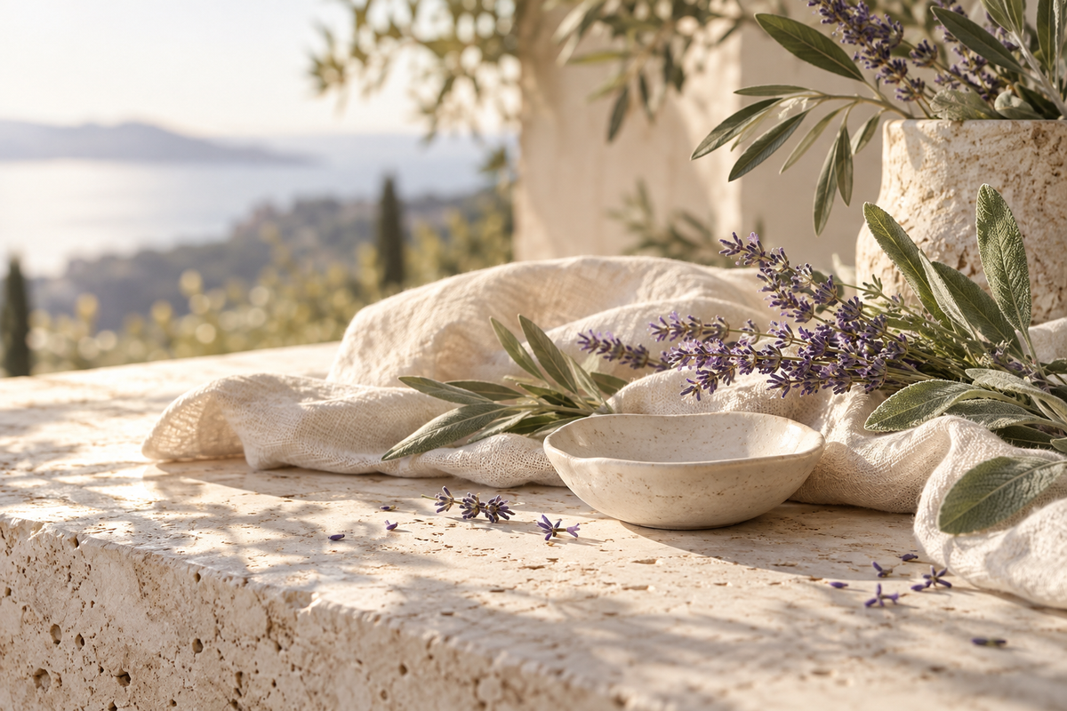 Lavender and sage on cream linen and pale stone in warm sunlight