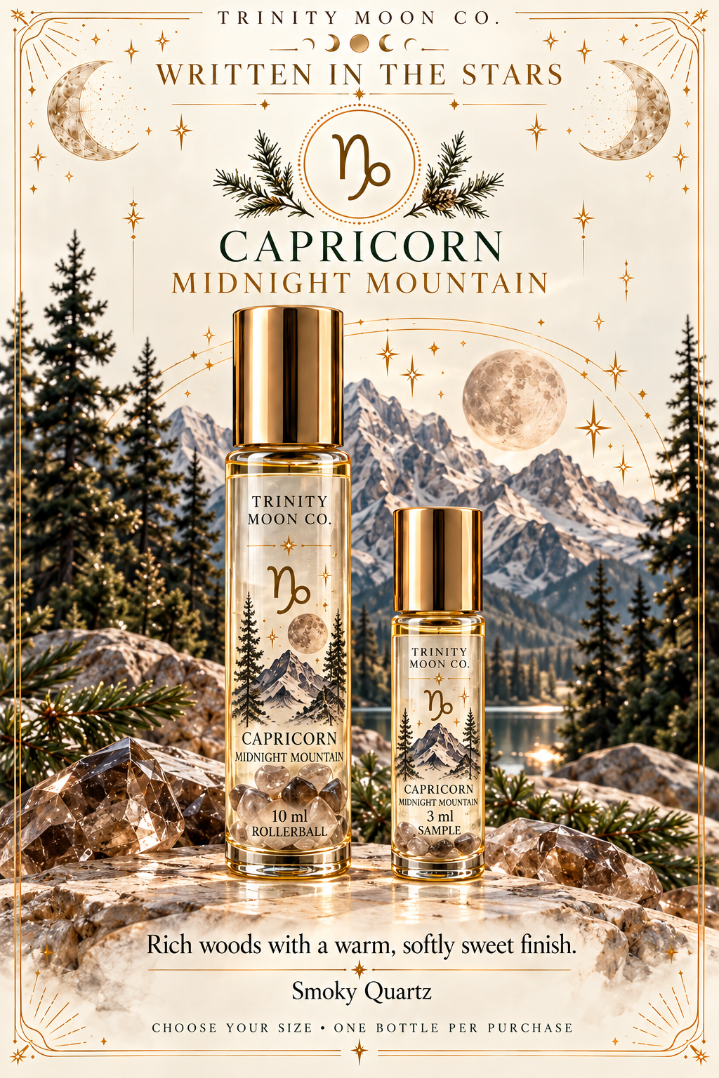 Capricorn — Midnight Mountain | Zodiac Perfume Oil — 10 ml and 3 ml size options; one bottle per purchase