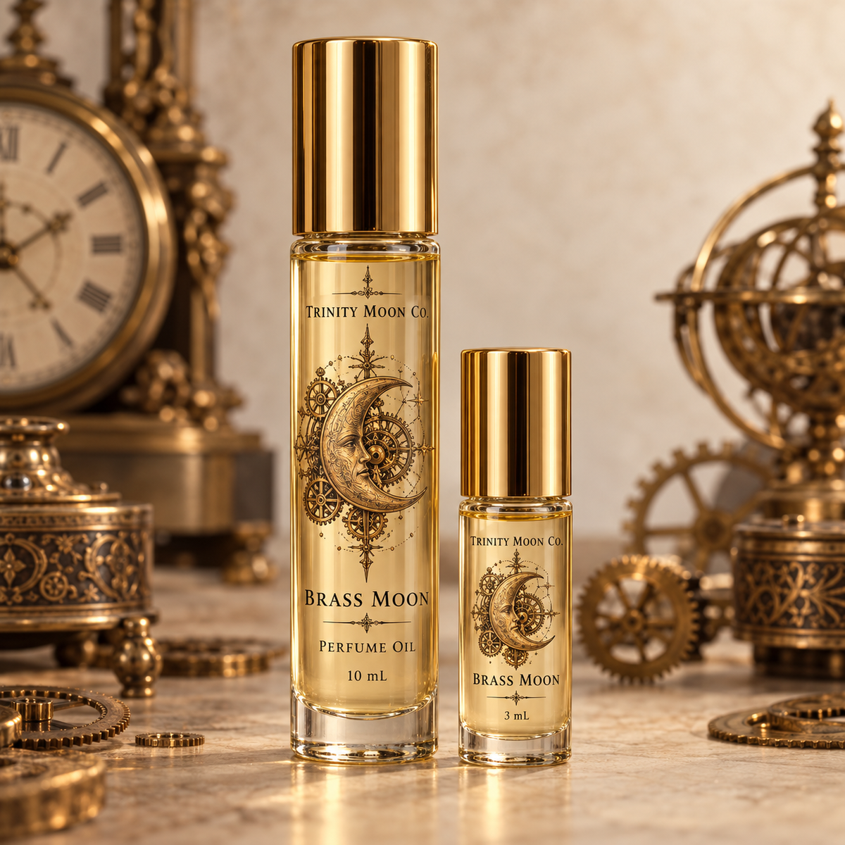 Brass Moon perfume oil, 10 ml and 3 ml size options in clear bottles with gold tops; one bottle per purchase