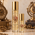 Clockwork Rose perfume oil, 10 ml and 3 ml size options in clear bottles with gold tops; one bottle per purchase