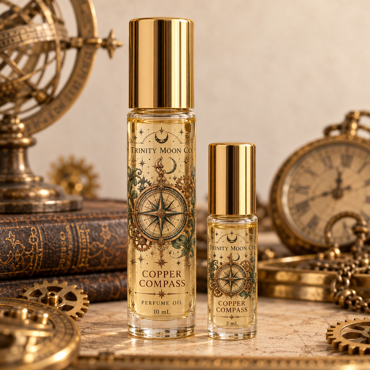 Copper Compass perfume oil, 10 ml and 3 ml size options in clear bottles with gold tops; one bottle per purchase