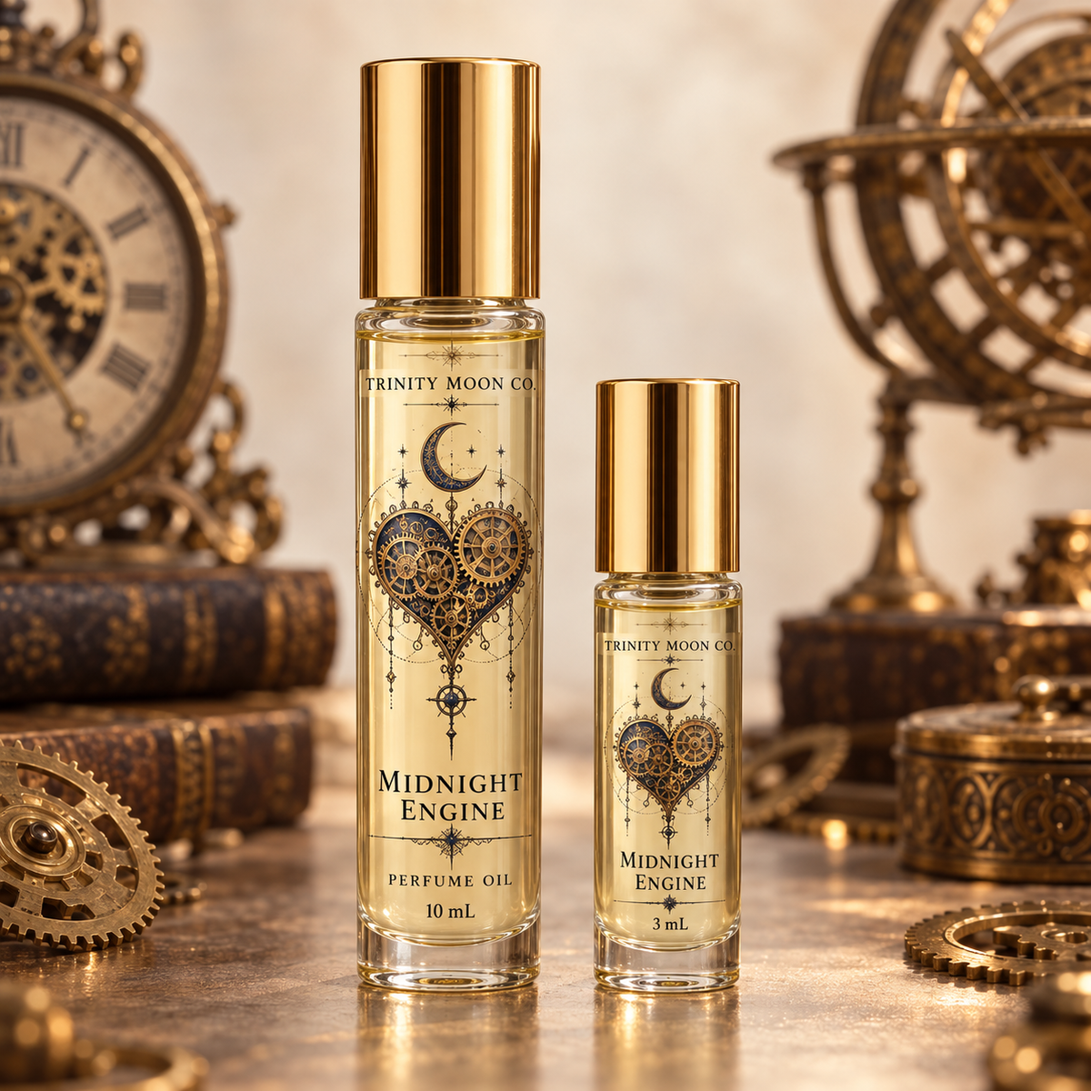 Midnight Engine perfume oil, 10 ml and 3 ml size options in clear bottles with gold tops; one bottle per purchase