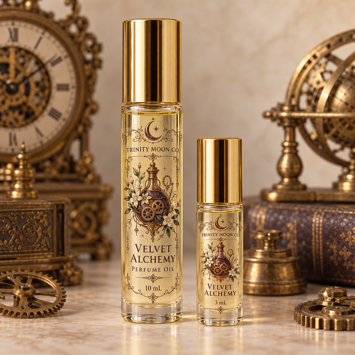 Velvet Alchemy perfume oil, 10 ml and 3 ml size options in clear bottles with gold tops; one bottle per purchase