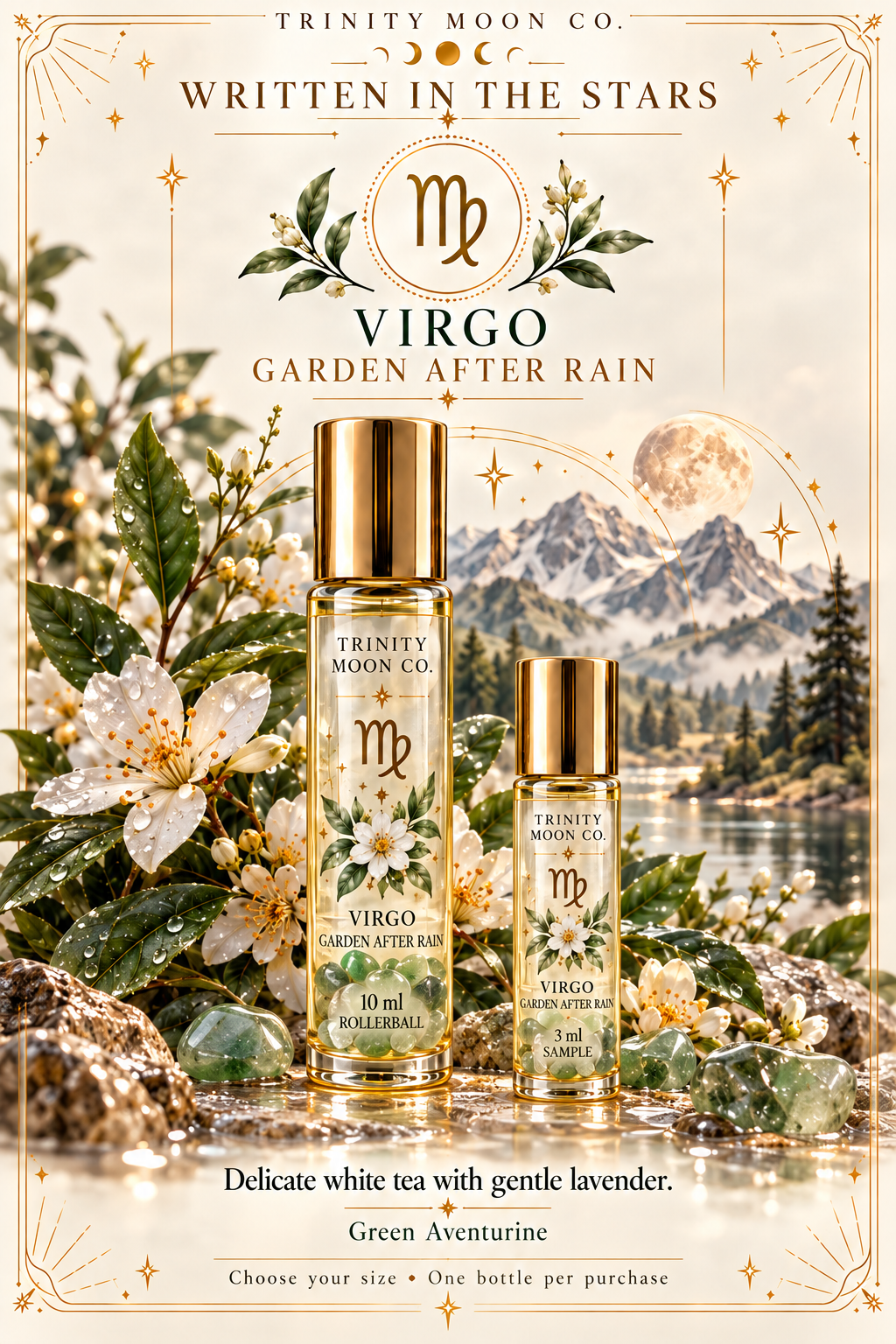 Virgo — Garden After Rain | Zodiac Perfume Oil — 10 ml and 3 ml size options; one bottle per purchase