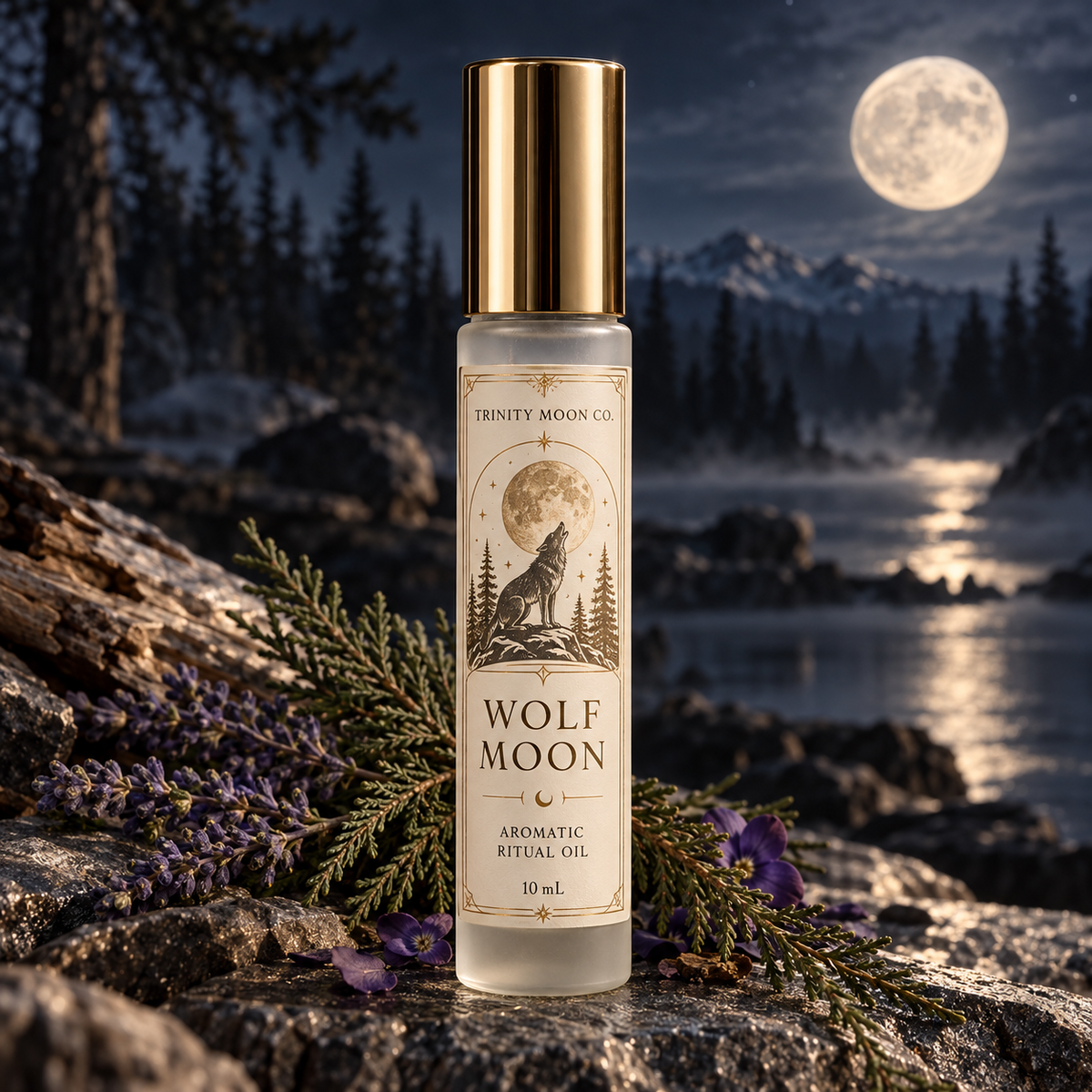 Wolf Moon 10 mL roller bottle packaging mockup by Trinity Moon Co.
